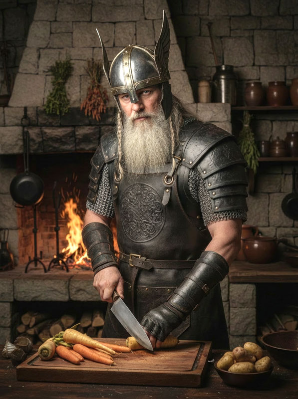 The Norse god Odin, cooking in his kitchen